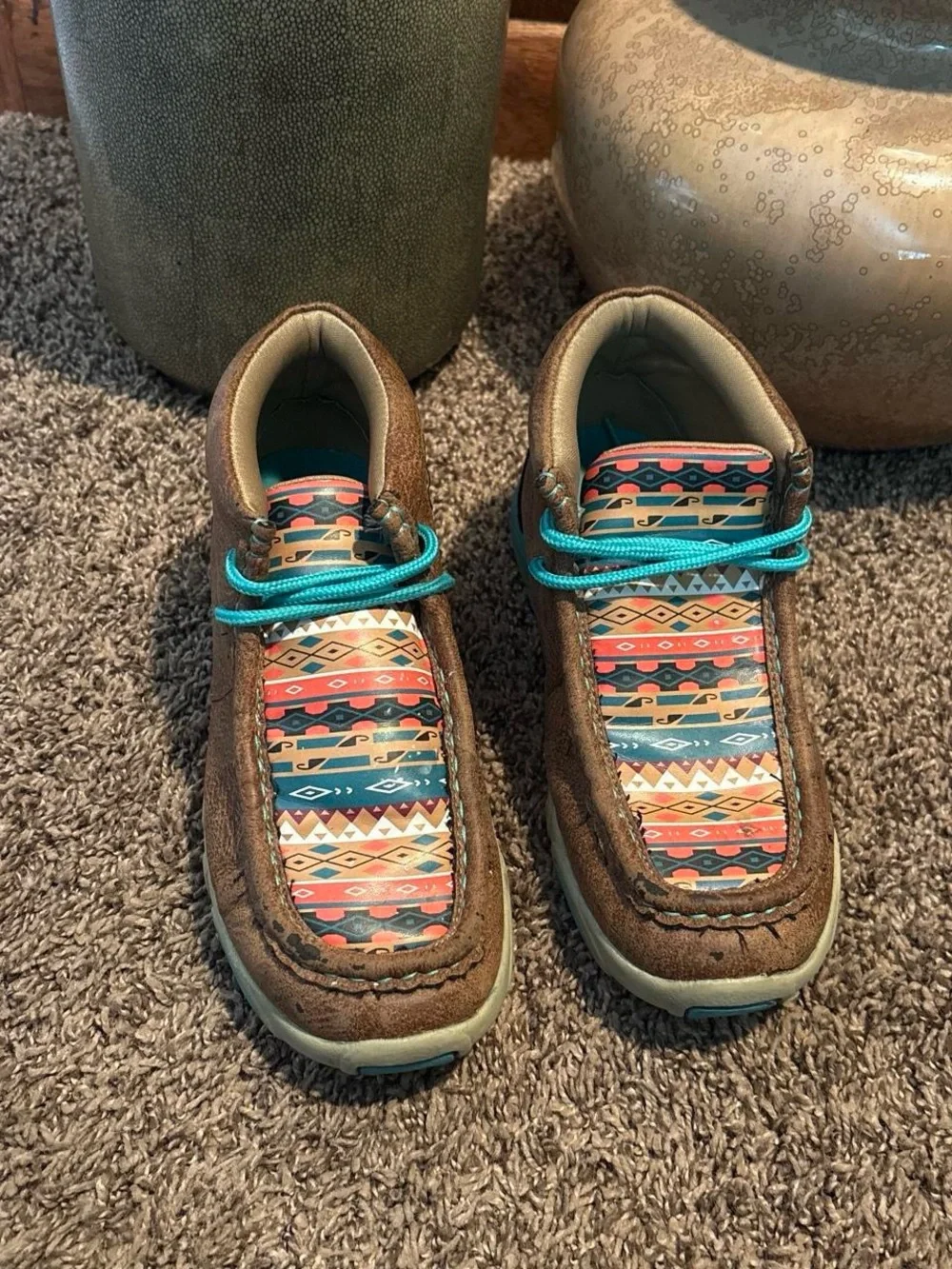 Twister Brown Moccasin Shoes with Turquoise Accents